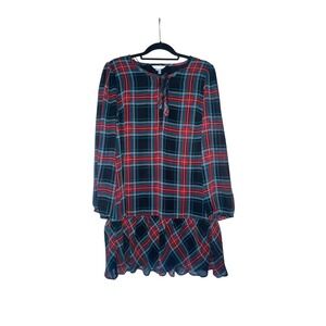 NWT Draper James Tie Neck Flounce Shift Dress Plaid Red Navy Teal Women's M